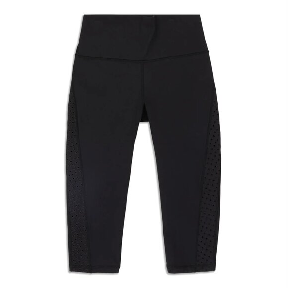 Lululemon Ornate Crop Leggings Womens 6 Black 17" Inseam Eyelet Side Trim Run - Picture 1 of 8